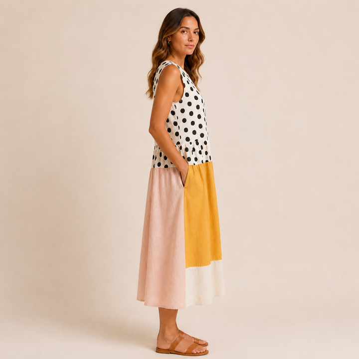 Leah | Pöttyös Colorblock Midi Ruha